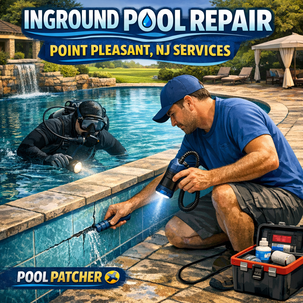 Technician repairing leak in an inground pool in Point Pleasant, NJ, with tools and equipment nearby.