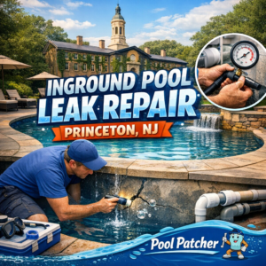 Technician repairing an inground pool leak with specialized equipment in Princeton, NJ.