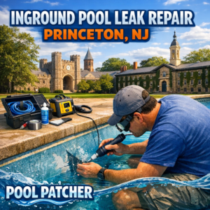 Technician repairing an inground pool leak with specialized equipment in Princeton, NJ.