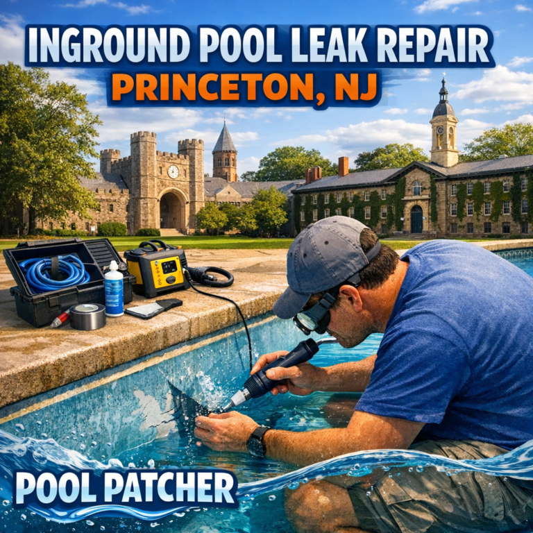 Technician repairing an inground pool leak with specialized equipment in Princeton, NJ.