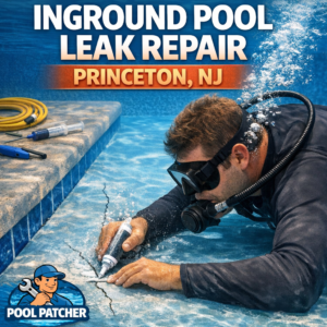 Close-up of professional repairing a leak in an inground pool in Princeton, NJ with specialized tools.