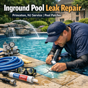 Technician repairing a leak on an inground pool in Princeton, NJ with patching tools.