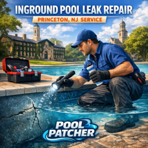 Technician repairing an inground pool leak using specialized equipment in Princeton, NJ.