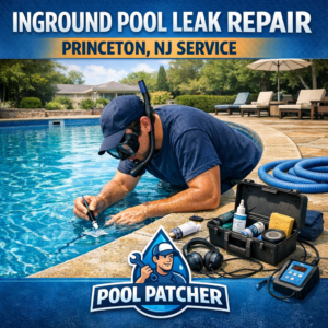 Technician repairing an inground pool leak using specialized equipment in Princeton, NJ.