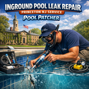 Technician repairing an inground pool leak with specialized equipment in Princeton, NJ.