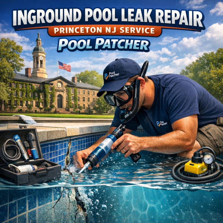 Technician repairing an inground pool leak with specialized equipment in Princeton, NJ.