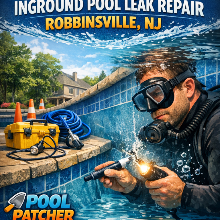 Technician inspecting and repairing a leak in an inground pool in Robbinsville, NJ.