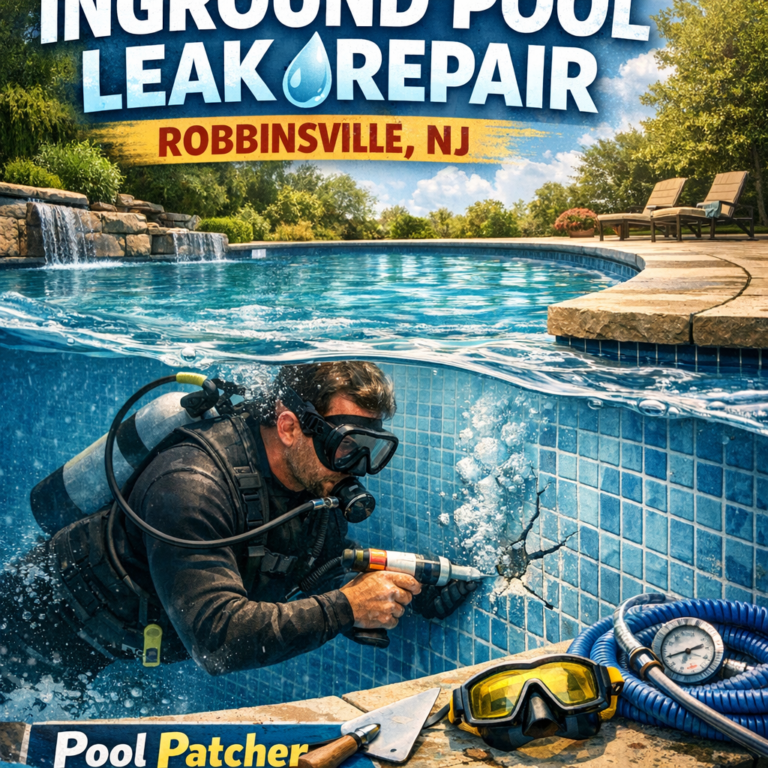 Professional diver repairing a leak in an inground pool in Robbinsville, NJ using specialized patching equipment.