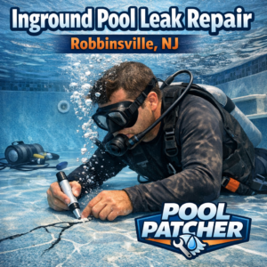 Technician repairing an inground pool leak with specialized equipment in Robbinsville, NJ.