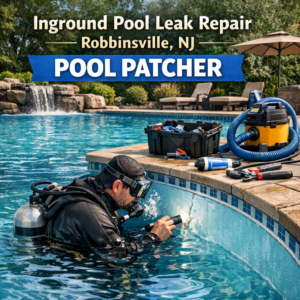 Technician repairing an inground pool leak with specialized equipment in Robbinsville, NJ.