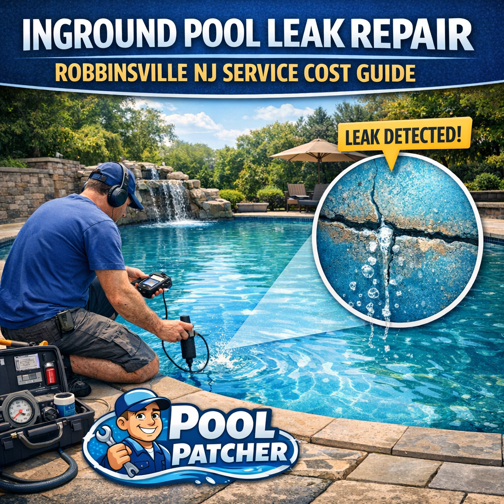 Diagram showing common inground pool leak locations with repair cost estimates in Robbinsville, NJ.