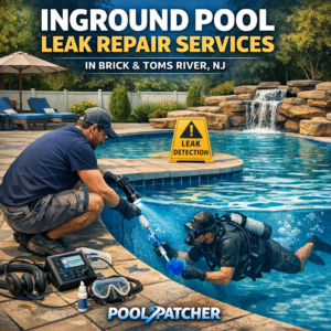 Technician repairing an inground pool leak with tools in Brick and Toms River, NJ.