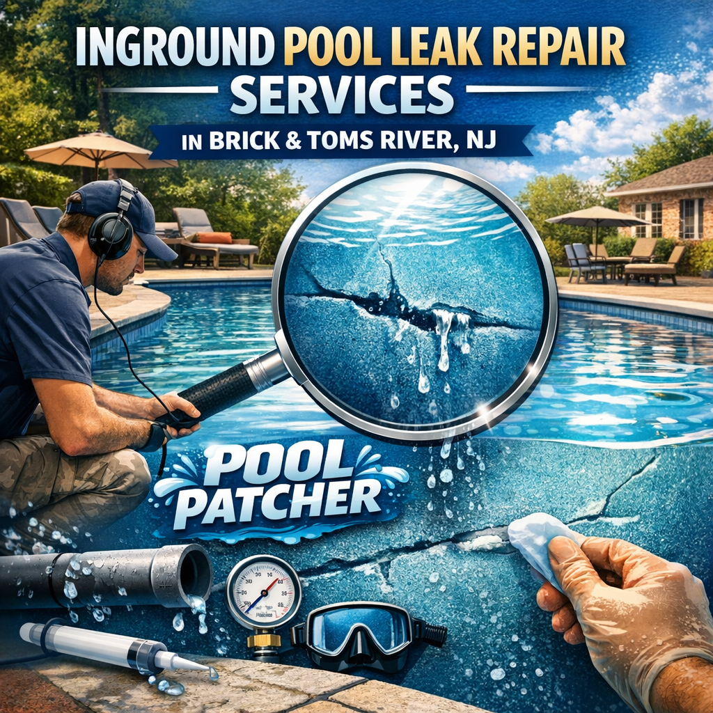Technician repairing an inground pool leak with specialized equipment in a residential backyard in Brick and Toms River, NJ.