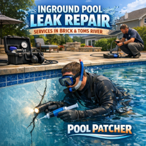 Technician repairing an inground pool leak with tools, demonstrating professional pool leak repair services.