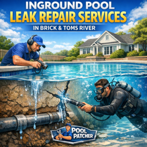 Technician repairing an inground pool leak using specialized equipment in a residential backyard.