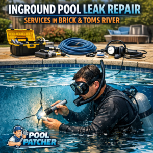 Technician repairing an inground pool leak with specialized equipment in Brick and Toms River.