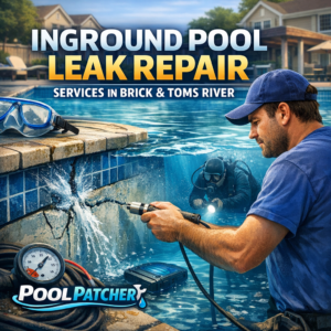 Technician repairing an inground pool leak with specialized equipment in Brick and Toms River.