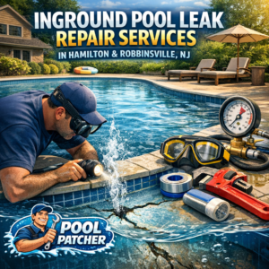 Technician repairing an inground pool leak with equipment beside the pool in Hamilton, NJ.