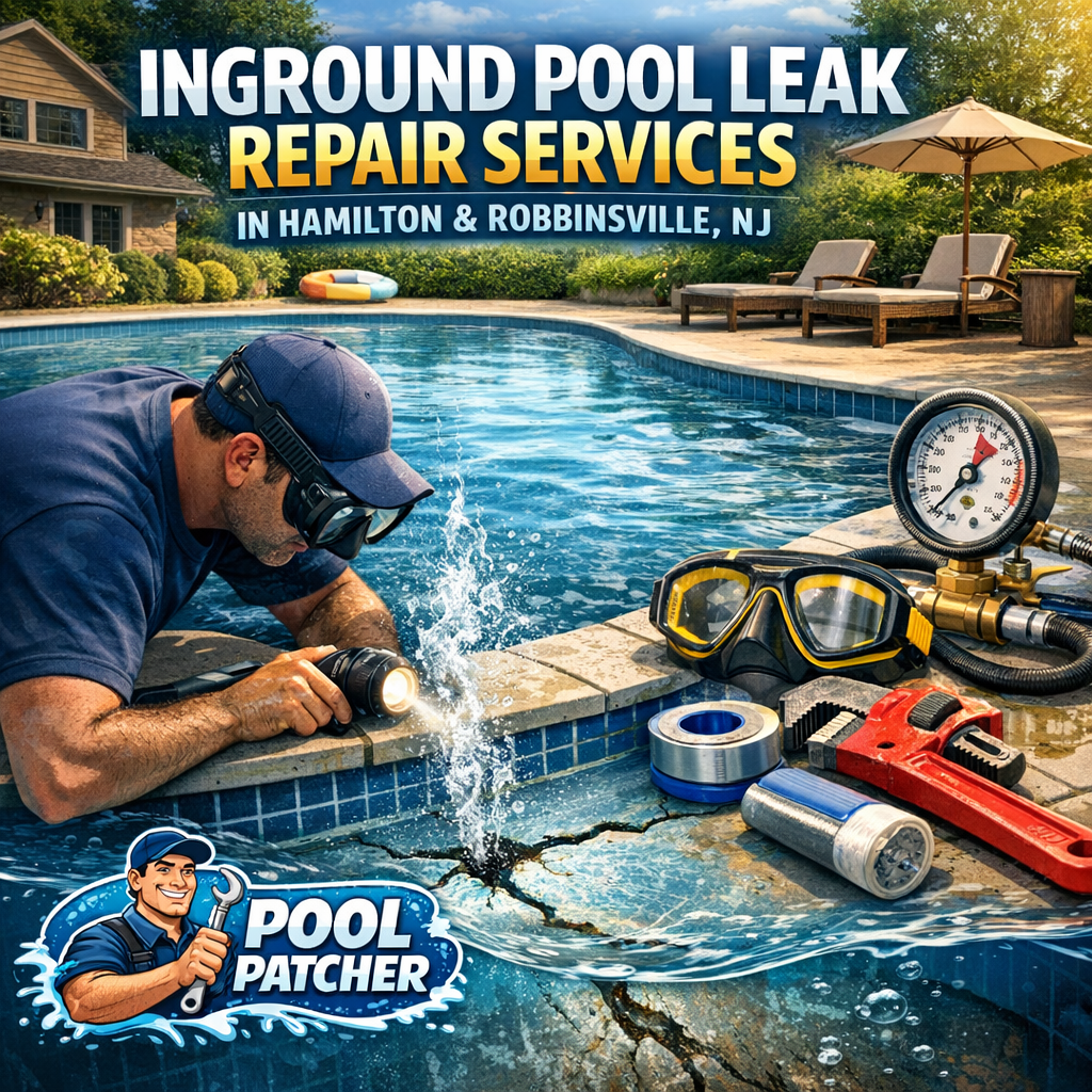Technician repairing an inground pool leak with equipment beside the pool in Hamilton, NJ.