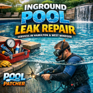 Technician repairing an inground pool leak, holding a tool near the pool edge with water in Hamilton.