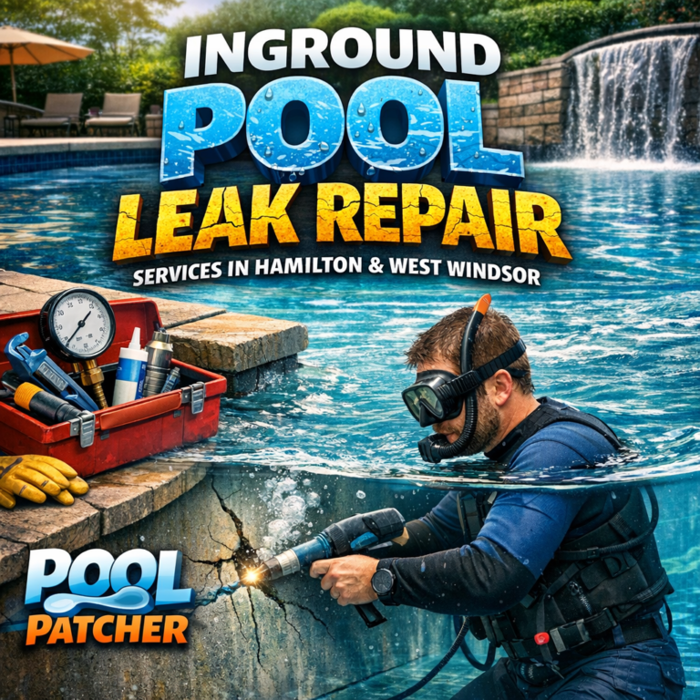 Technician repairing an inground pool leak, holding a tool near the pool edge with water in Hamilton.