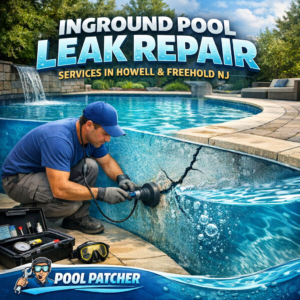 Technician repairing a leak in an inground pool with specialized tools in Howell and Freehold, NJ.