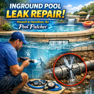 Technician repairing an inground pool leak, using specialized tools near the pool edge in Howell and Hamilton, NJ.