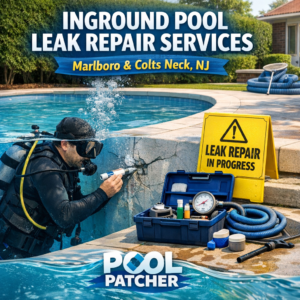 Technician inspecting and repairing an inground pool leak in a residential backyard in Marlboro, NJ.