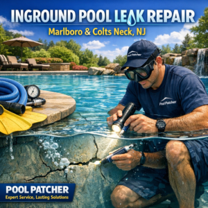 Technician repairing an inground pool leak with equipment in Marlboro Colts Neck, NJ.