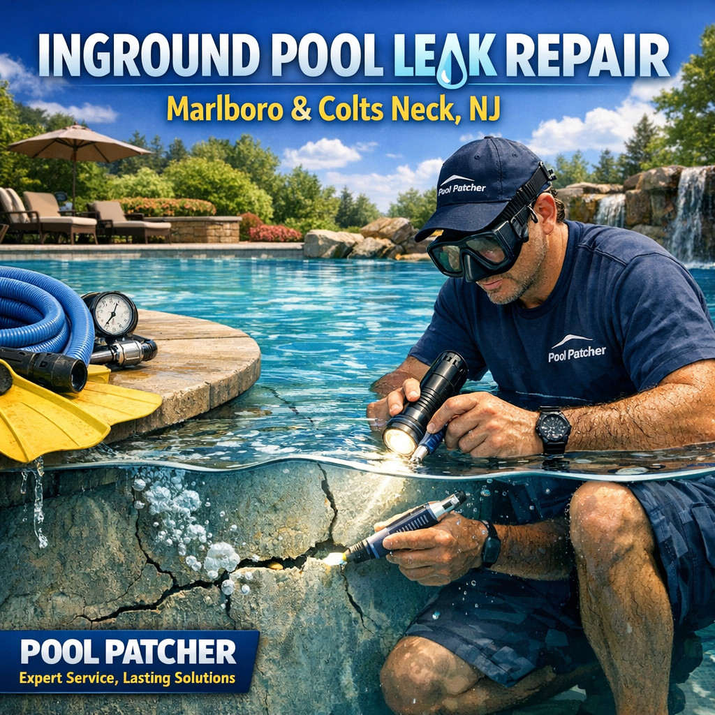 Technician repairing an inground pool leak with equipment in Marlboro Colts Neck, NJ.