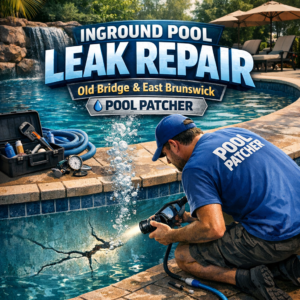 Technician repairing an inground pool leak with specialized tools in Old Bridge and East Brunswick.
