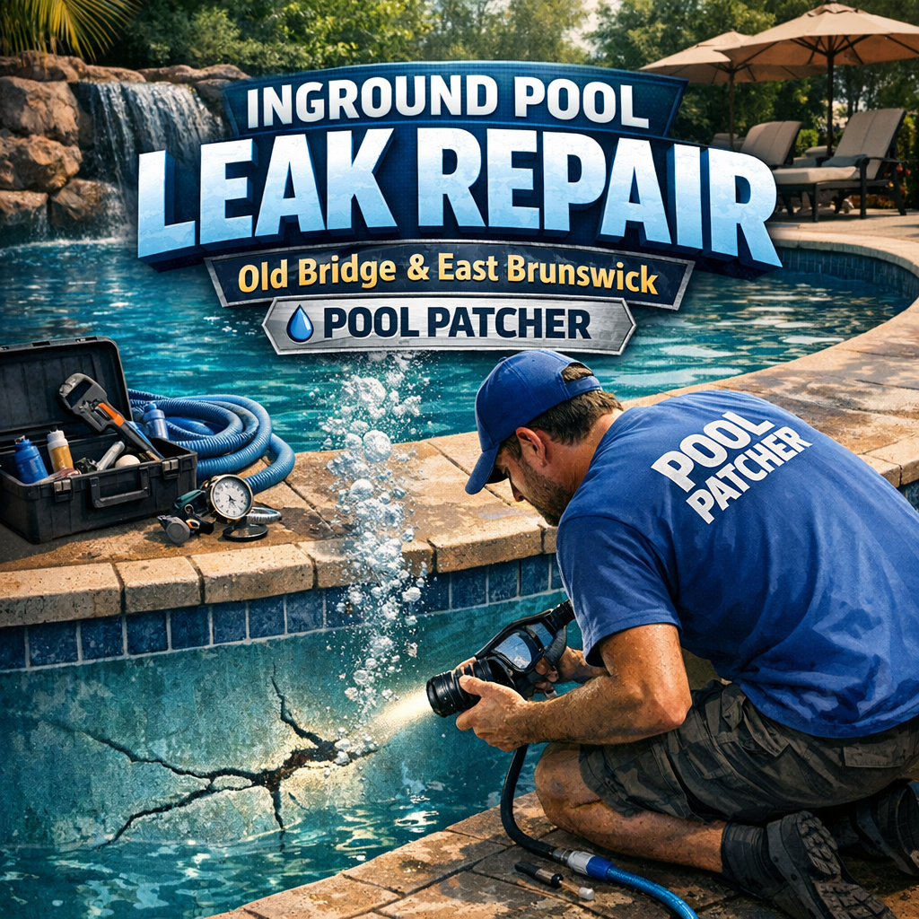 Technician repairing an inground pool leak with specialized tools in Old Bridge and East Brunswick.