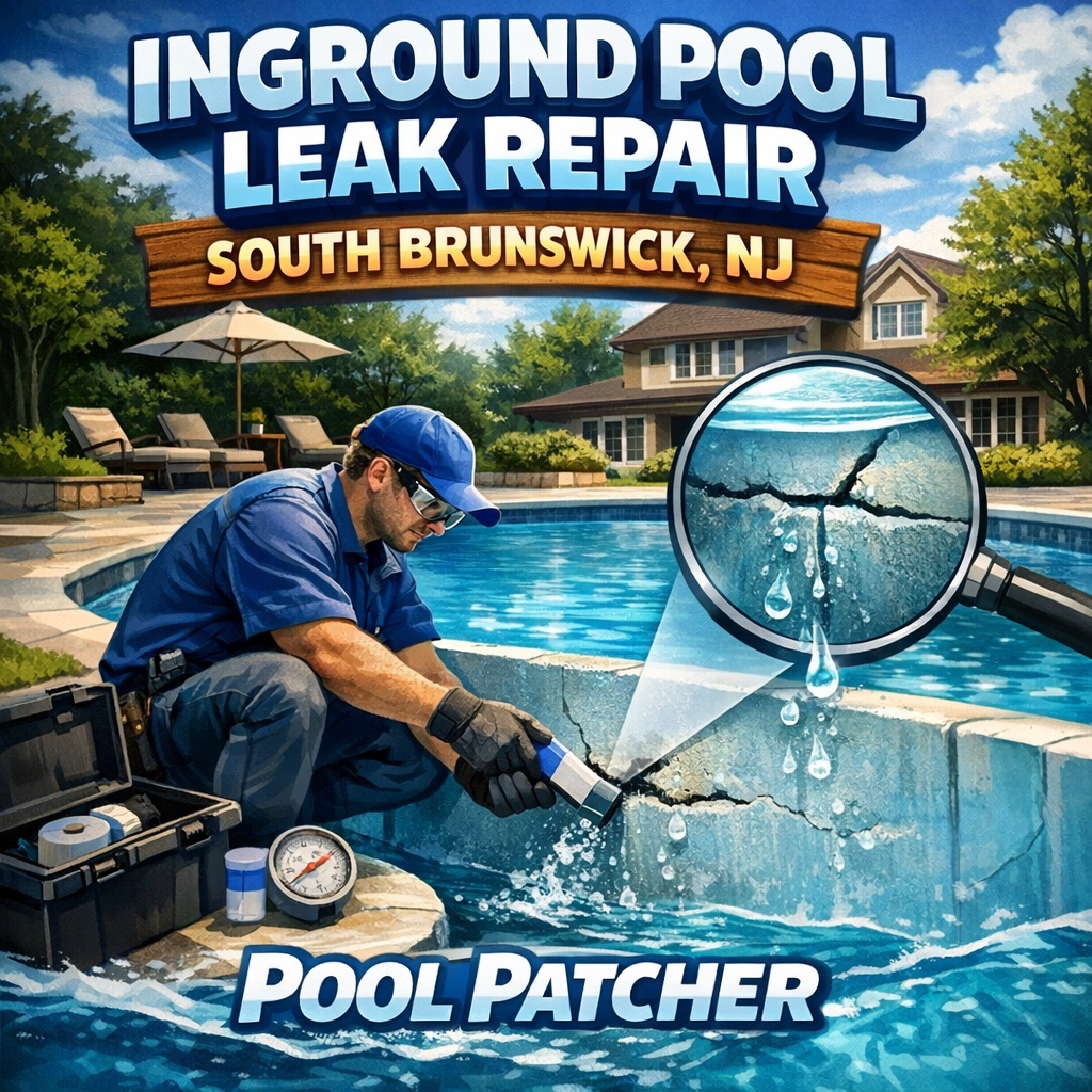 Technician repairing an inground pool leak with tools in South Brunswick, NJ.