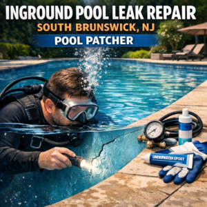 Technician repairing an inground pool leak with patching tools in South Brunswick, NJ.