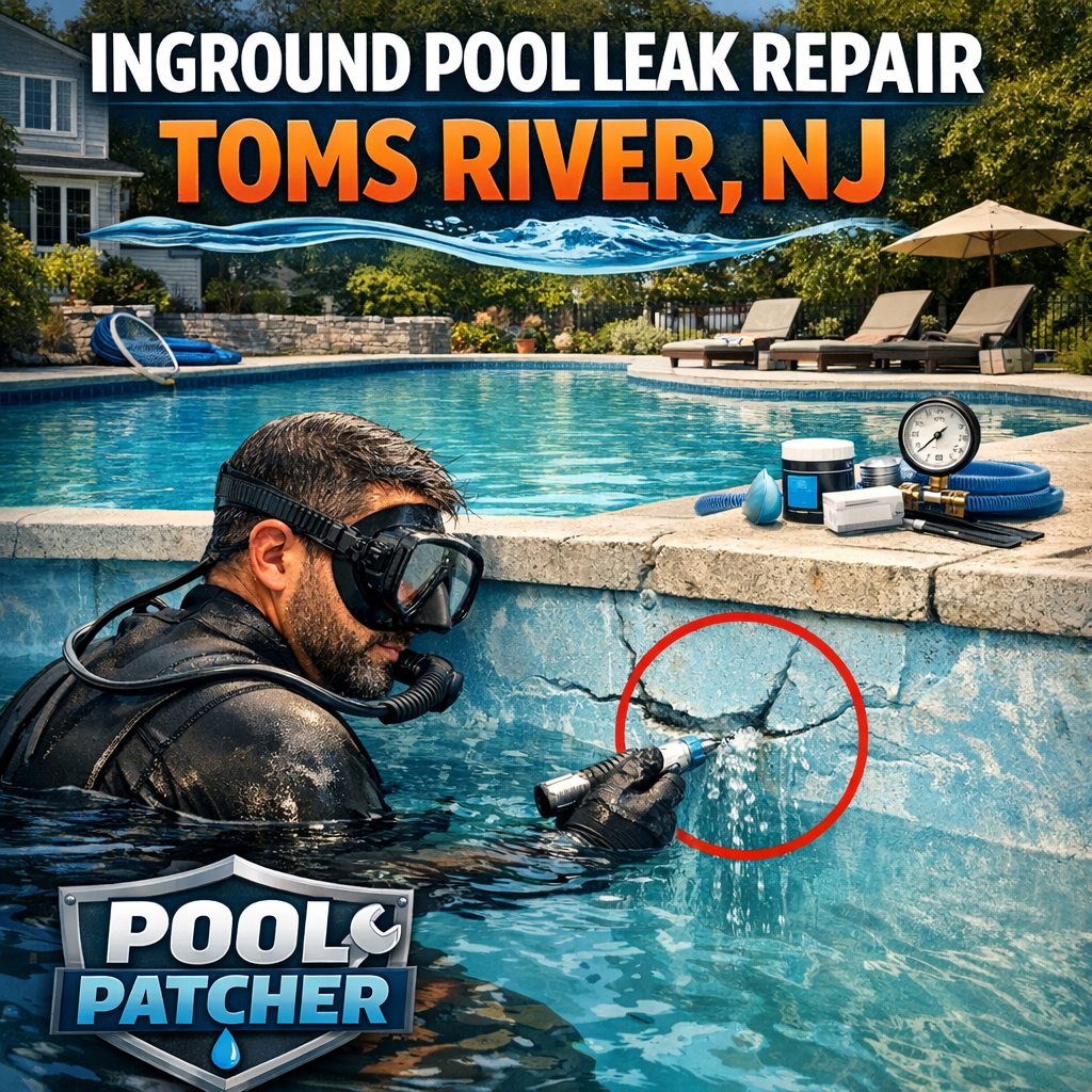 Technician repairing an inground pool leak using specialized tools in Toms River, NJ.