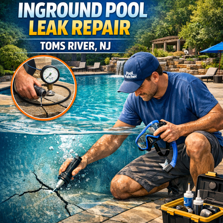 Technician repairing an inground pool leak with specialized tools in Toms River, NJ.
