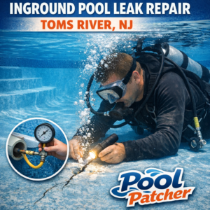 Technician repairing an inground pool leak with specialized tools in Toms River, NJ.