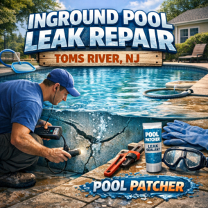 Technician repairing an inground pool leak with specialized equipment in Toms River, NJ.