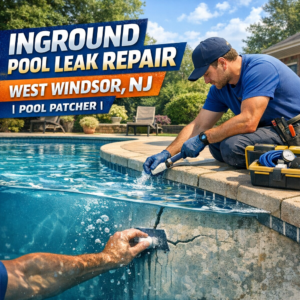 Technician repairing an inground pool leak with specialized tools in West Windsor, NJ.