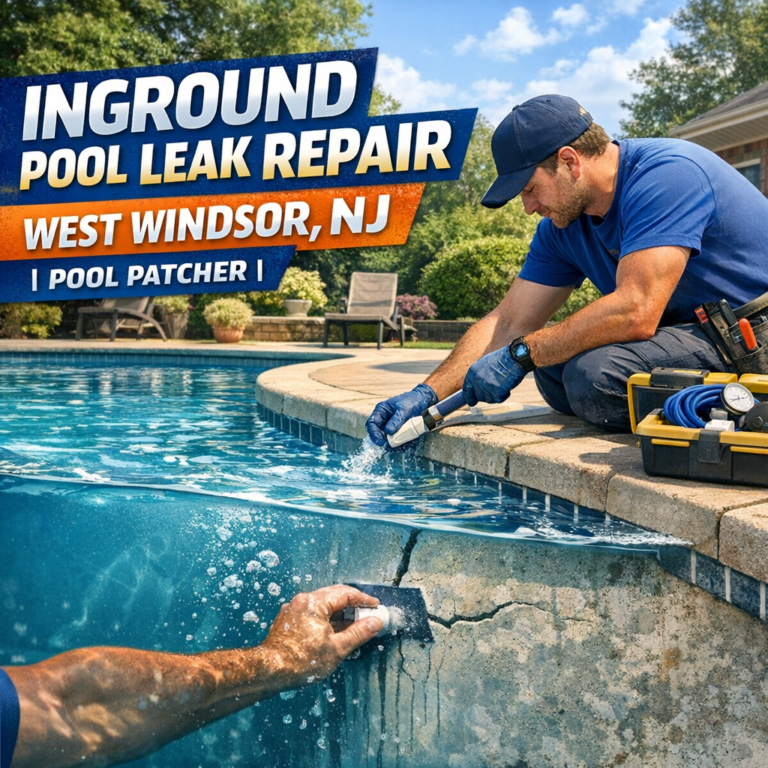 Technician repairing an inground pool leak with specialized tools in West Windsor, NJ.