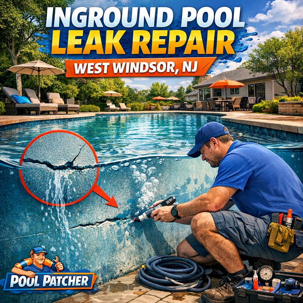 Technician repairing an inground pool leak with specialized equipment in West Windsor, NJ.