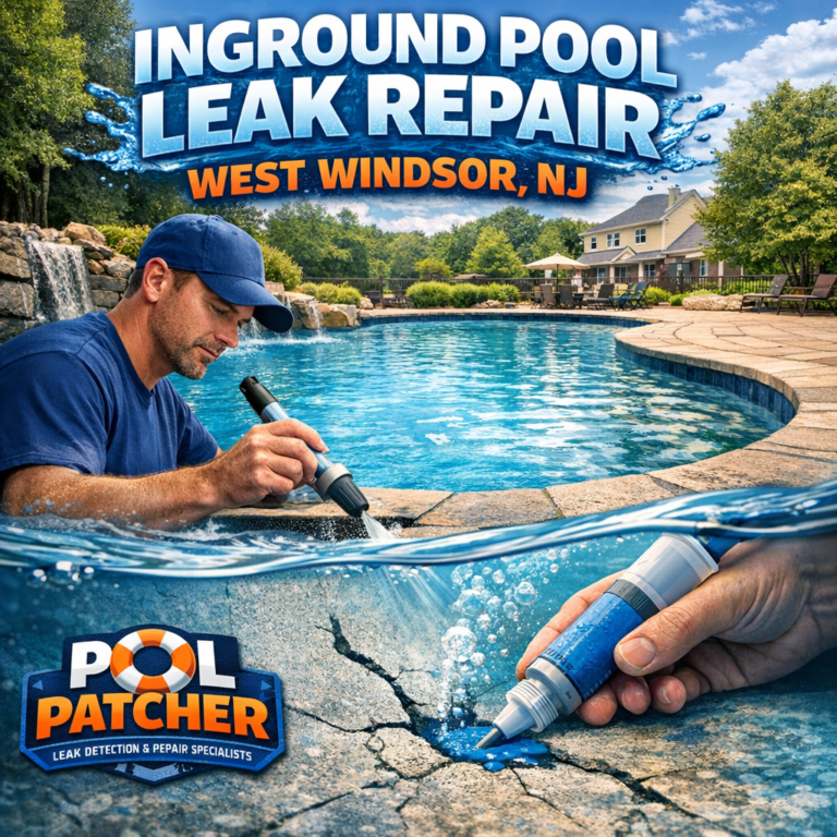 Workers repairing a leak in an inground pool in West Windsor, NJ with specialized tools and equipment.