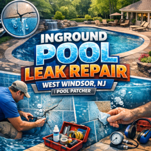 Technician repairing an inground pool leak with tools and equipment in West Windsor, NJ.