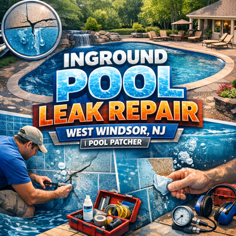 Technician repairing an inground pool leak with tools and equipment in West Windsor, NJ.