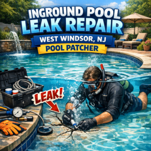 Technician repairing an inground pool leak with specialized tools near the pool edge in West Windsor, NJ.