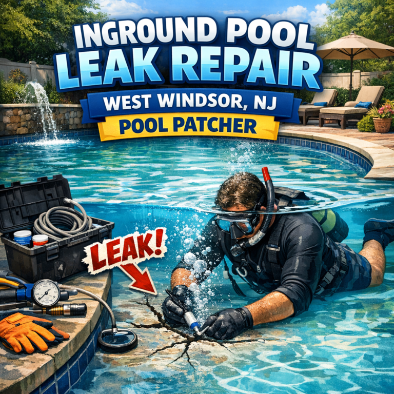 Technician repairing an inground pool leak with specialized tools near the pool edge in West Windsor, NJ.