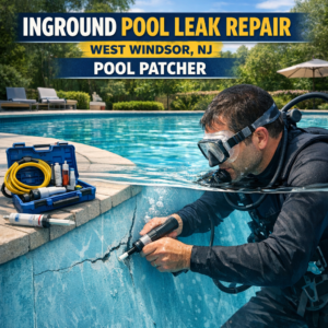 Technician repairing an inground pool leak with specialized tools in West Windsor, NJ.