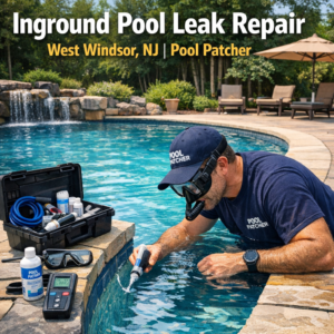 Technician repairing an inground pool leak using specialized tools in West Windsor, NJ.