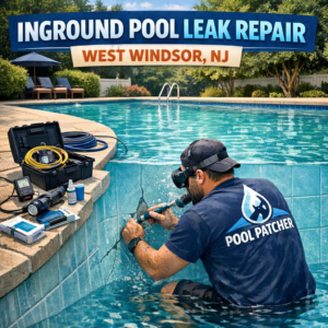 Technician using specialized equipment to detect and repair an inground pool leak in West Windsor, NJ.
