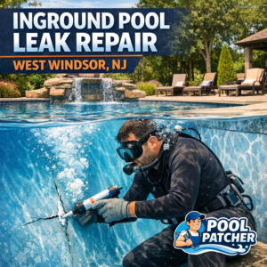 Technician repairing a leak in an inground pool using specialized equipment in West Windsor, NJ.
